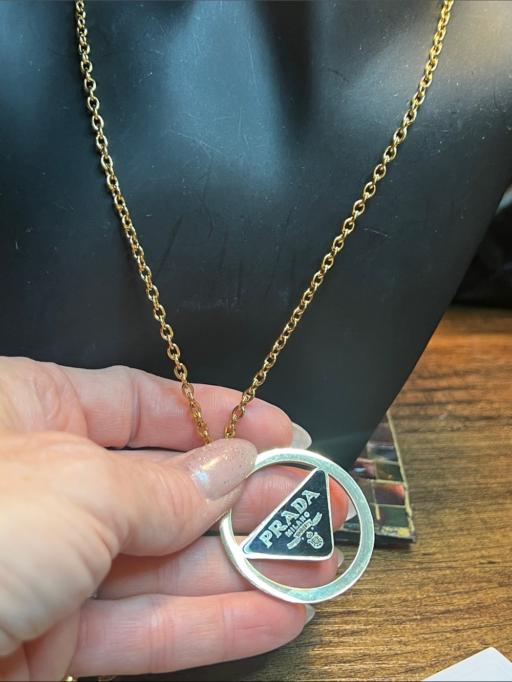 Up Cycled Gold-Tone Logo Circle Pendant Necklace with Black Enamel Triangle - Picture 4 of 6